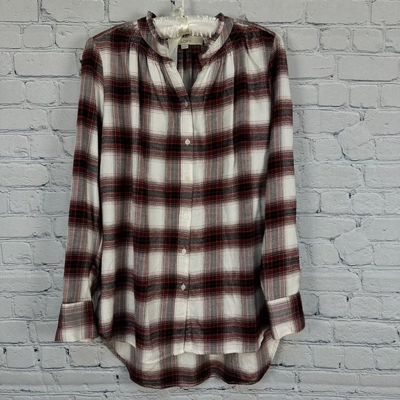 LOFT Long Sleeve Smocked Ruffle Neck Blouse,‎ Size Medium, Red/White Plaid - Picture 2 of 6